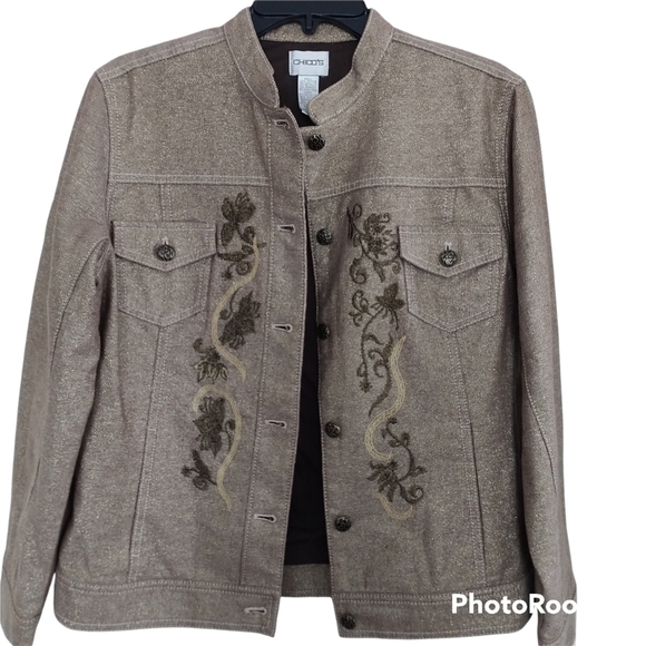 Chico's Gold/Brown Denim Jacket with Embroidery Sz Chico's 1 (Sz 8 or small) - Picture 2 of 14